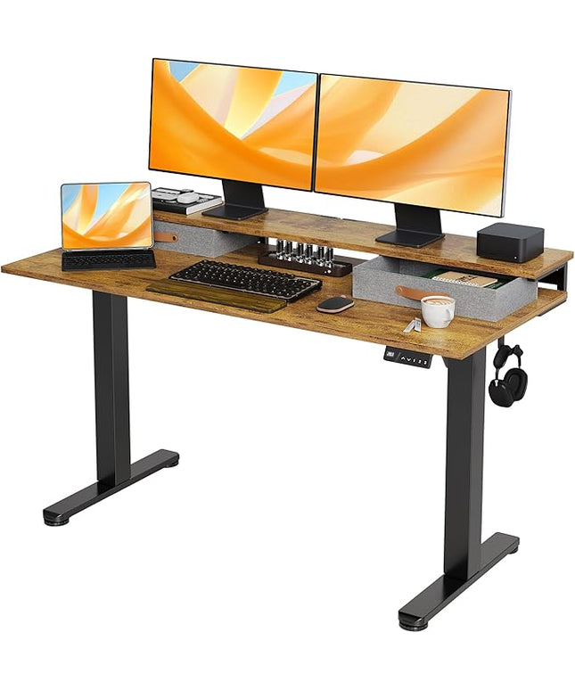 Claiks Electric Standing Desk with 2 Drawers, Adjustable Standing Desks with Storage, Height Adjustable Stand up Desk for Home Office with 2 Hooks,55 Inch Ruist Brown