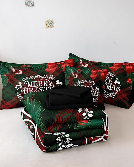 Bedbay Christmas Comforter Set Queen Size Bedding Set Xmas Bow Buffalo Checkered 8 Pcs Christmas Bedding Set 1 Comforter 4 Pillowcases 1 Cushion Cover 1 Flat Sheet 1 Fitted Sheet
