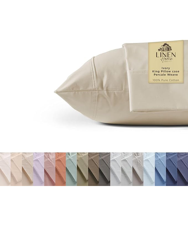 Linen Home 100% Cotton Percale Pillowcases King Size, Ivory, 2 Pieces of Pillow Case, Crisp and Cool Strong Bed Linen, 20 inches X 40 inches