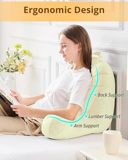 Sasttie Reading Pillow, Velvet Back Pillow for Bed Sitting Up, Adult Back-Rest Support Cushion with Arms for Sit Up on Couch, Sofa, and Floor, Dorm Essentials, Reading Accessories, Cream