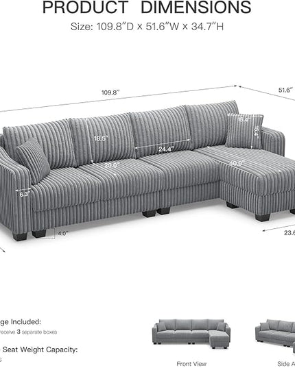 Belffin Sectional Couch with L-Shape Chaise L Shaped Couch with Ottoman Sectional Couches for Living Room Corduroy (Light Grey, L Shaped)