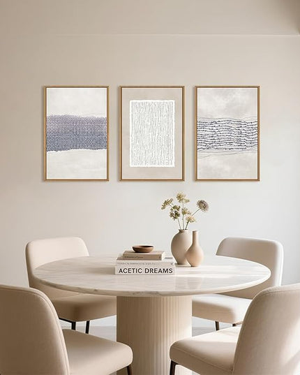 HOURIA Blue White Abstract Neutral Framed Canvas Wall Art Set,Minimalist Boho Waves Lines Wall Decor,Modern Geometric Shapes Print,Mid Century Grunge Artwork for Living Room,Bedroom,Office- 16"x24"x3