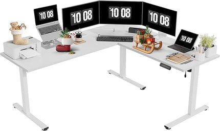 SANODESK Electric Corner L-Shaped 71 x 63 in Standing Desk, Memory Height Adjustment, White Top White Frame