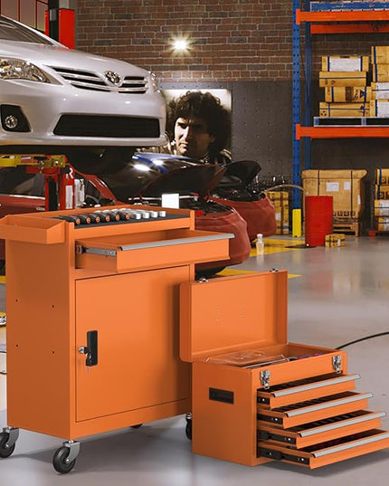 5-Drawers Tool Chest, 2-in-1 Rolling Tool Box with Wheels and Drawers, Detachable Storage Toolbox with Lock, Heavy-Duty Metal Tool Cart for Garage, Workshop (Orange)