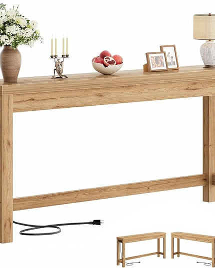 Cyclysio 63" Console Tables for Entryway, Long Console Tables for Living Room, Behind Couch Table, Sturdy Wood Support Farmhouse Entryway Table with 3AC+2USB Charging‌ Station, Natural Oak