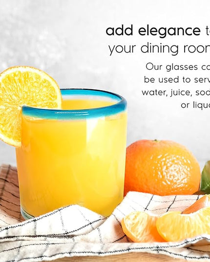 Aqua Blue Rim 10 oz Tumbler Glasses (set of 6) Mexican Handmade Glassware, Recycled Glass, Lead-free, Toxin-Free (Tumbler)