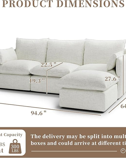 Waterproof Cloud Sectional Couches,High Backrest Down Filled Sofa for Living Room,94.5" Modular Sofas L-Shaped with Ottoman,Detachable Couch Covers,Cream White