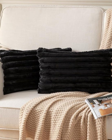 DEELAND Pack of 2,Double-Sided Faux Fur Plush Decorative Throw Pillow Covers Fuzzy Striped Soft Pillowcase Cushion Covers for Sofa Couch Bedroom Black 12x20 inch