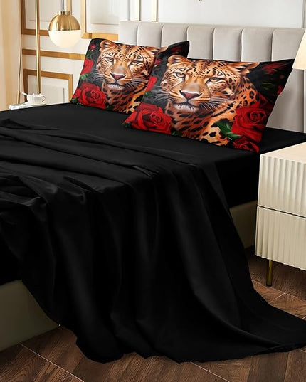 Bedbay Leopard Bedding Comforter Set King Size Rose Floral Bedding Set Rose Flowers and Wild Cheetah Print 8 Pcs King Bed in a Bag Set Teen Adults Animal Comforter Set with Sheets (Leopard,King)