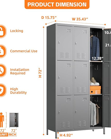 Aobabo New 9 Doors Metal Storage Locker for Employees, Lockable Steel Locker with Name Card Slot and 27 Hooks for School Office Gym Garage, Dark Grey, Assembly Required