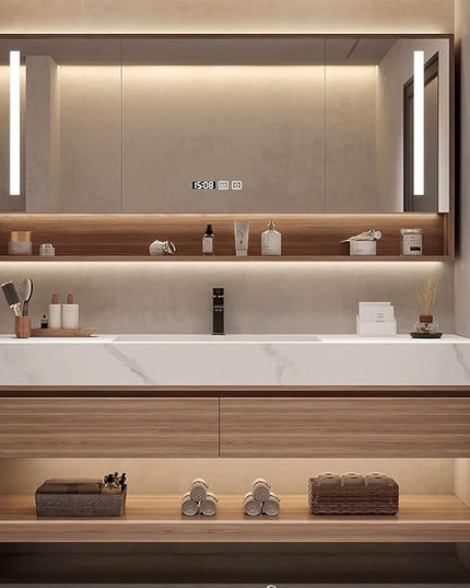 Wood Bathroom Vanity Set - LED Defogging Mirror | Wall Mounted Bathroom Vanity with Sink Include Open Storage & Mirror Cabinet Storage & 2 Drawers (34'')