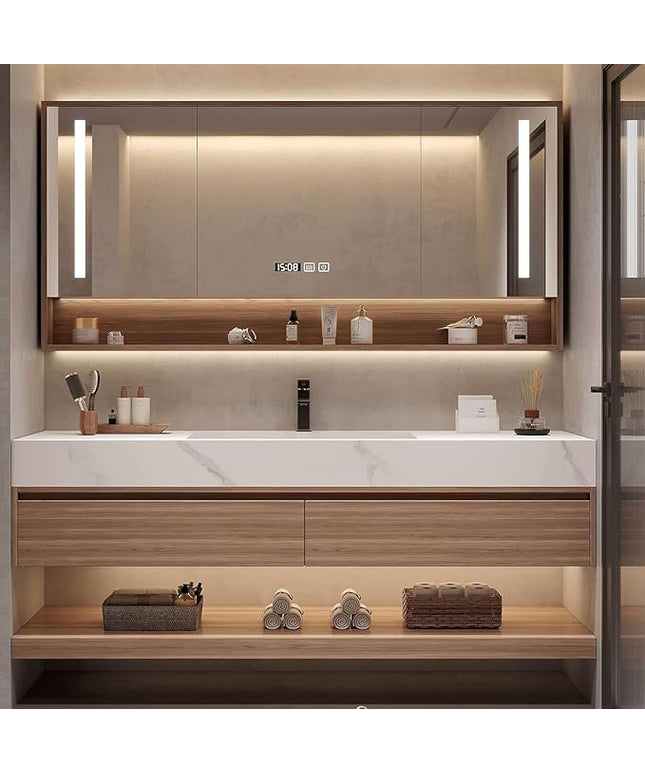 Wood Bathroom Vanity Set - LED Defogging Mirror | Wall Mounted Bathroom Vanity with Sink Include Open Storage & Mirror Cabinet Storage & 2 Drawers (62'')