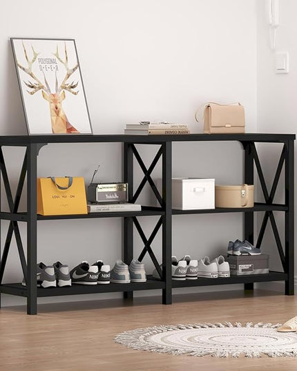 LVB Black Console Table, Modern Entryway Table with 3 Tier Storage Shelves, Industrial Sofa Table Behind Couch for Living Room, Farmhouse Wood Metal Entry Table for Hallway Foyer, Black Oak, 55 Inch