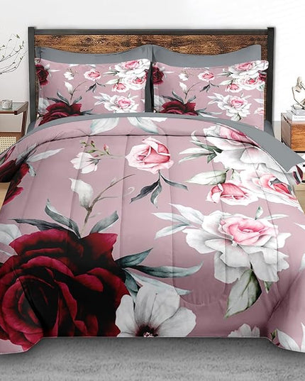 Comforter Set Full Size, Rose Leaves 7 Pcs Bedding for Kids and Adults, Painting Floral Vintage Bed Sheet Sets with Fitted Sheet 2 Pillowcases & 2 Shams for Bedroom Bed Decor