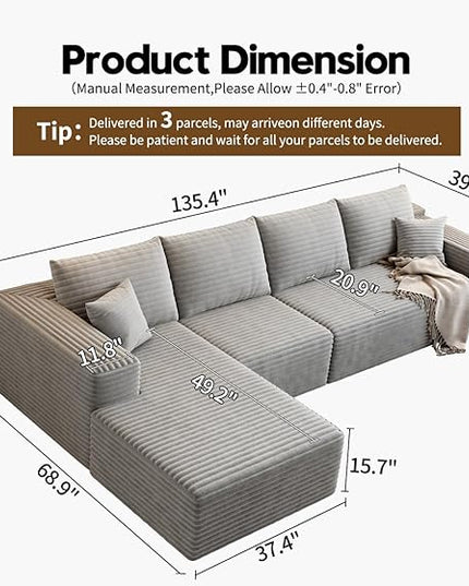 135.4" Cloud Modular Sectional Sofa Couch with L-Shape Chaise,Modern Minimalist Upholstered Couches for Living Room Bedroom,Deep Seat Corner Couch，No Assembly Required (Grey,Left Facing Chaise)