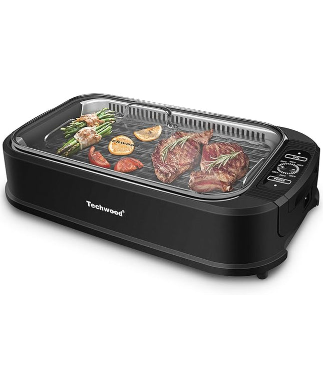 Indoor Grill, Techwood 1500W Smokeless Electric Grill with Tempered Glass Lid, Compact & Portable Non-Stick BBQ Grill with 6-Level Control, Dishwasher Safe, Black