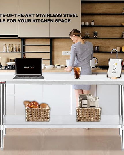 DuraSteel 30x72 Stainless Steel Prep Table - NSF Commercial Kitchen Metal Worktable - Large Laboratory Benches with Under Shelf - For Laundry Room, Kitchen, Garage, Restaurant