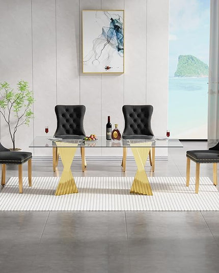 5 Piece Glass Dining Table Set,70" Dinner Room Glass Table Set for 4,Modern Kitchen Dinner Table Set with Stainless Steel Base and 4 Upholstered Velvet Dining Chairs for Living Dining Room