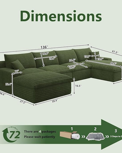 136" Cloud Couch Modular Sectional Sofa for Living Room, U-Shape Boneless Couch with Deep Seat, Modern Corduroy 4-Seater with Ottoman, No Assembly Required (Green,Right-Facing Chaise)