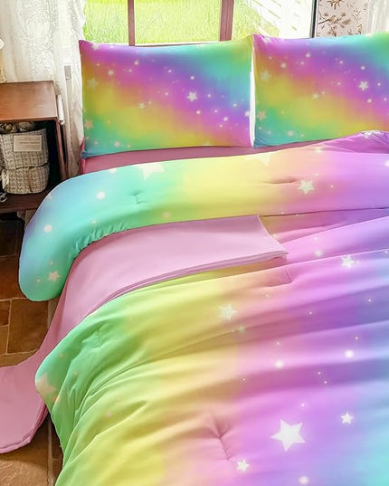 Rainbow Bedding Set Full Size – 5 Piece Reversible Girls Comforter with Deep-Pocket Sheet, Gradient Galaxy Design, Whole-Piece Filling, Machine Washable Bed-in-a-Bag for Kids Room Makeover & Gifts