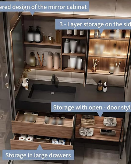 56IN Bathroom Vanity with Sink - Wooden Bathroom Cabinet with Transparent Glass Doors, Mirror Cabinet with Defogging & 2 LED Light Strips | Large - Capacity Storage Area with 2 Drawers (Style B)