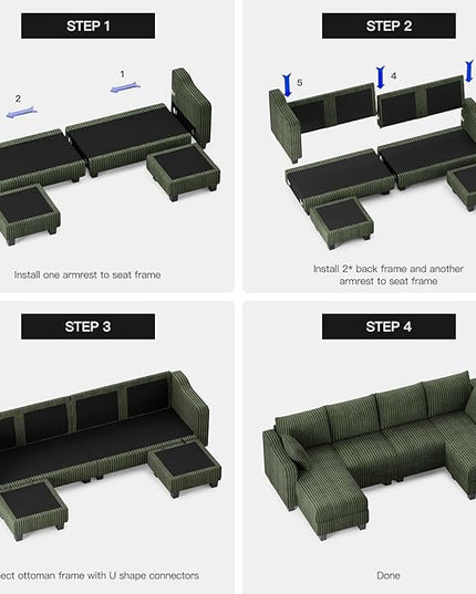 Belffin U Shaped Couch with Reversible Chaises Sectional Couches for Living Room Sectional Couch with Ottomans Corduroy (Green, U Shaped)