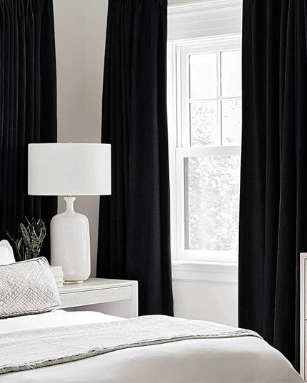 MIULEE Linen Texture Curtains for Bedroom Solid 100% Blackout Thermal Insulated Halloween Black Curtains Grommet Room Darkening Drapes for Living Room Nursery 52x96 Inch (2 Panels)