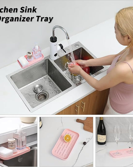Silicone Kitchen Sink Organizer Tray for Multiple Usage,Easy Clean,Eco-Friendly Sponges Holder for Kitchen Bathroom Counter or Sink,Dish Soap Dispenser,Scrubber,Bottle,Cup Pink 10”x 5.3”