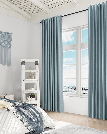 Guken Blue Linen Blackout Curtains 78 Inch Length 2 Panels Set for Living Room Bedroom Back Tab Thermal Insulated 100% Black Out Linen Drapes Room Darkening Window Curtains 78 Inches Long Dusty Blue