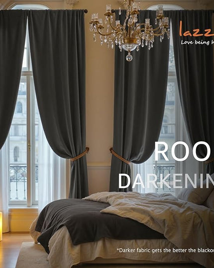 Lazzzy Velvet Blackout Curtains Thermal Insulated Room Window Drapes Super Soft Luxury Curtains for Living Room Bedroom Rod Pocket 2 Panels, Grey, 42" W x 90" L