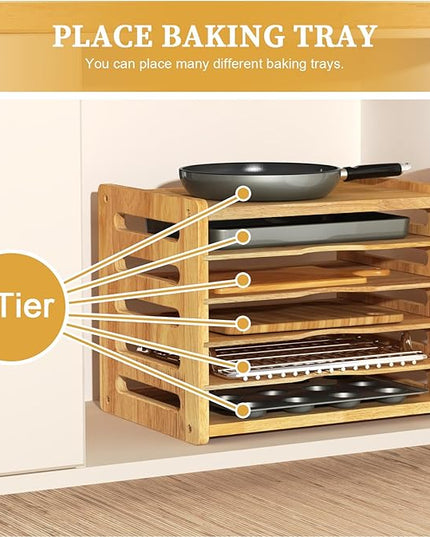 6 Tier Rubber Wood Tray Dividers for Cabinets, Heavy Weight Kitchen Vertical Tray Divider Organizer, Storing pans, Baking trays, Cutting Board(16.73" W x 14.13" H x 12.4" D)