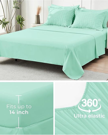 HYMOKEGE Mint Green Twin XL Comforter Set Seersucker 5 Pieces, All Season Luxury Bed in a Bag for Bedroom, Bedding Set with Comforter, Sheets, Pillowcase & Sham