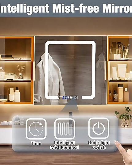 Single Sink Bathroom Vanity, Bathroom Cabinet has LED Lights Fog Mirror & Solid Wood Body, Glass Side Cabinet with Light (Light Brown, 40'')