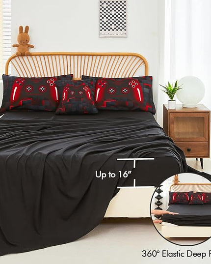 PERFEMET Boys Bedding Set Twin Size 6-Piece Game Console Comforter Set for Kids Teen 3D Black and Red Gamepad Gaming Bed in a Bag Matching Sheet Set(Red, Twin)