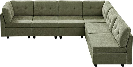 VANOMi 6 Seater Cloud Couches for Living Room, 118" Convertible Modular Cloud Sofas & Couches, Comfy Chenille Sectional Couch Sofa for Apartment, Office, Olive Green, L/U Shaped