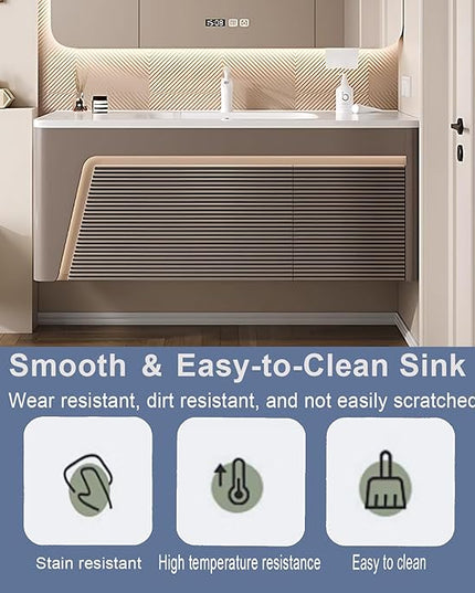 48IN Modern Bathroom Vanity - Floating Bathroom Vanity with Sink with Rounded Corner Smart Mirror Cabinet & Smart Defogging | Wave Panel Design & Large Storage Space