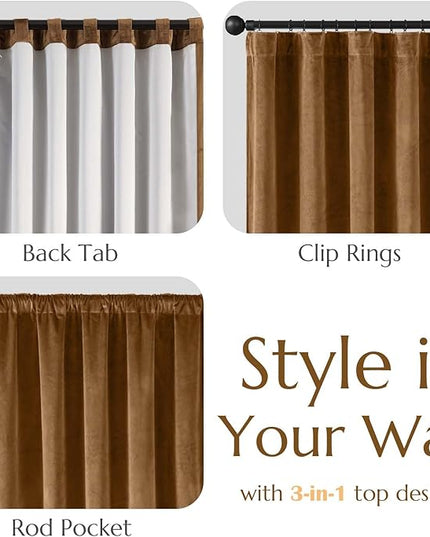 Lazzzy Gold Brown Velvet Curtains 108 Inches Long Blackout Thermal Insulated Room Darkening Lined Curtain Drapes Back Tab Window Treatments for Bedroom Living Room 2 Panels,52 x 108 Inch, Golden Brown