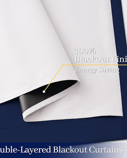 Yakamok 100% Blackout Curtain Panels 84 inches Cold and Light Blocking Drapes for Nursery, 2 Thick Layers Thermal Insulated Draperies (2 Pieces, 50 Wide Each Panel, Navy Blue Front with White Backing)