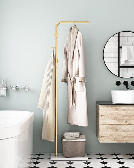 Gold Coat Rack with White Base, Freestanding Entryway Rack with 3 Hooks, L Shape Home Coat Hanger for Jackets, Hats, Clothes