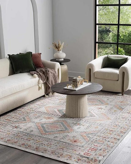 BoutiqueRugs Diem Boho Vintage Colorful Large Runner Rug - Farmhouse Traditional Medallion Pink Carpet for Hallway, Kitchen - Pink, Cream, Green, Red, Gray, Yellow - 2'7" x 7'3" Runner