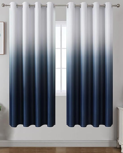 Estelar Textiler Navy Blue and Greyish White Ombre Blackout Curtains for Living Room, Energy Efficient Room Darkening Drapes, Grommet Thermal Insulated Window Treatments for Bedroom,52Wx72L (2 Panels)