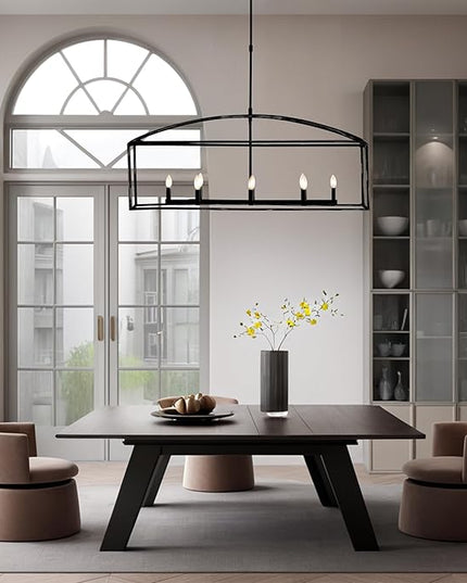 Farmhouse Iron Linear Chandelier, Industrial Cage Adjustable Height Hanging Lamp with Hammered Metal Finish, Light Fixtures for Kitchen Island, Dining Room, Hallway, Foyer, Entryway (Black)