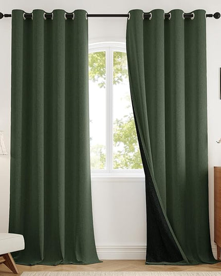 100% Blackout Curtains for Bedroom 90 inch Length 2 Panels Set, Farmhouse Linen-Look Textured Full Light Blocking Room Darkening Thermal Insulated Drapes for Living Room (W52xL90, Olive)