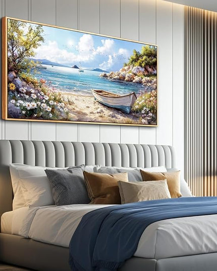 PHAOHUAXM Large Canvas Wall Art For Living Room Wall Decor For Bedroom Office Decor Print Marine Landscape Paintings Artwork Modern Stretched and Framed Beach Posters Home Decor 30"X60" Wood Framed