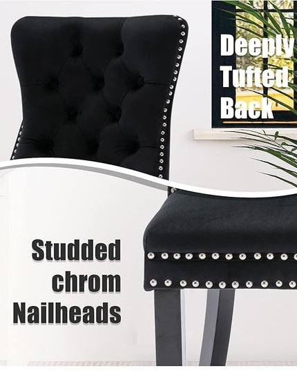 SoarFlash Velvet Dining Chairs Set of 4, Tall Back Side Chair, Modern Upholstered High-end Tufted Side Chair with Button Back Ring, Solid Wood Legs (Black)