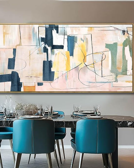 Pink Abstract Painting Large Wall Art Living Room Decor Blue Canvas Print Line Artwork Home Office Decoration 29x58 Inch