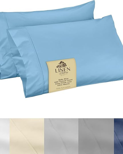 Linen Home 600 Thread Count King Pillowcase Set | 100% Long-Staple Cotton Pillow Cases | Soft & Smooth Luxury Satin Set of 2 Pillowcases | 4 Inch Z Hem | Baby Blue