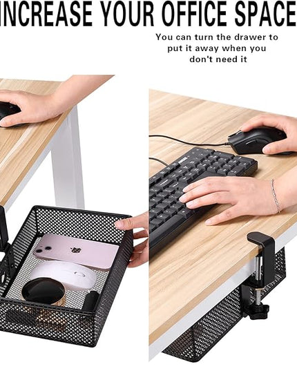 Mesh Desk Organizer and Clamp-on Swivel Pencil Drawer, Desk Hidden Extra Sturdy C-Clamp Mount System and Easy to Instal, Home Office Art Supply Storage Box (Black)