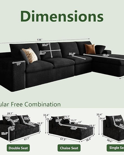 136" Cloud Couch Modular Sectional Sofa for Living Room, L-Shape Boneless Couch with Deep Seat, Modern Corduroy 4-Seater, No Assembly Required (Black,Right-Facing Chaise)