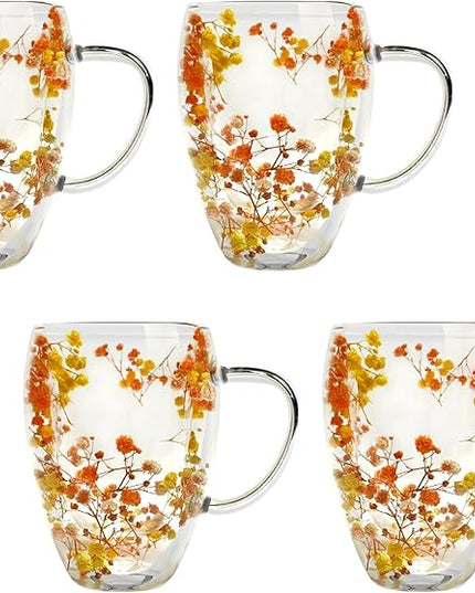 Gusto Buono 11oz Double Wall Glass Mugs, Set of 4 – Orange/Yellow Dry Flowers Design | Handmade, Heat-Resistant, Handwash Only | Perfect Coffee Mugs for Parties & Holiday Gifts